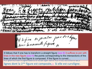 L.1. – f.122
Donc, si cest une figure rectiligne quon a a transformer [renvoi B]
il sufira de joindre par des lignes dans la nouvelle figure [renvoi H]
les points correspondans a ceux qui sont les intersections des
lignes dont la 1ere figure est composée,[.] Si elle est curviligne…
It follows that if one has to transform a straight figure [see B] it suffices to join with
lines in the new figure [see H] the points corresponding to the intersections of the
lines of which the first figure is composed. If the figure is curved…
 