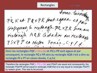 Rectangles
Donc les rectangles PQK [= PQ x QK] et PQ x PR sont egaux et par
consequent, le rectangle PQ x PR sera au rectangle AQB c'est a dire au
rectangle PS x PT en raison donée, C.q.f.d.
L.1 – f.110
Therefore the rectangles PQK [= PQ x QK] and PQxPr are equal and consequently, the
rectangle PQxPR will be equal to rectangle AQB that is to say equal to rectangle PSxPT,
by reason given. This was to be proved.
 