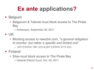Ex ante applications?
 Belgium
  • Belgacom & Telenet must block access to The Pirate
    Bay
       – Antwerpen, September 26, 2011
 UK
  • Blocking access to newzbin.com, "a general obligation
    to monitor, but rather a specific and limited one‖
       – [2011] EWHC 1981 (Ch) & [2011] EWHC 2714 (Ch)
 Finland
  • Elisa must block access to The Pirate Bay
       – Helsinki District Court, Oct. 26, 2011

                                                            54
 