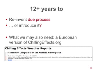 12+ years to
 Re-invent due process
 … or introduce it?

 What we may also need: a European
  version of ChillingEffects.org




                                      68
 