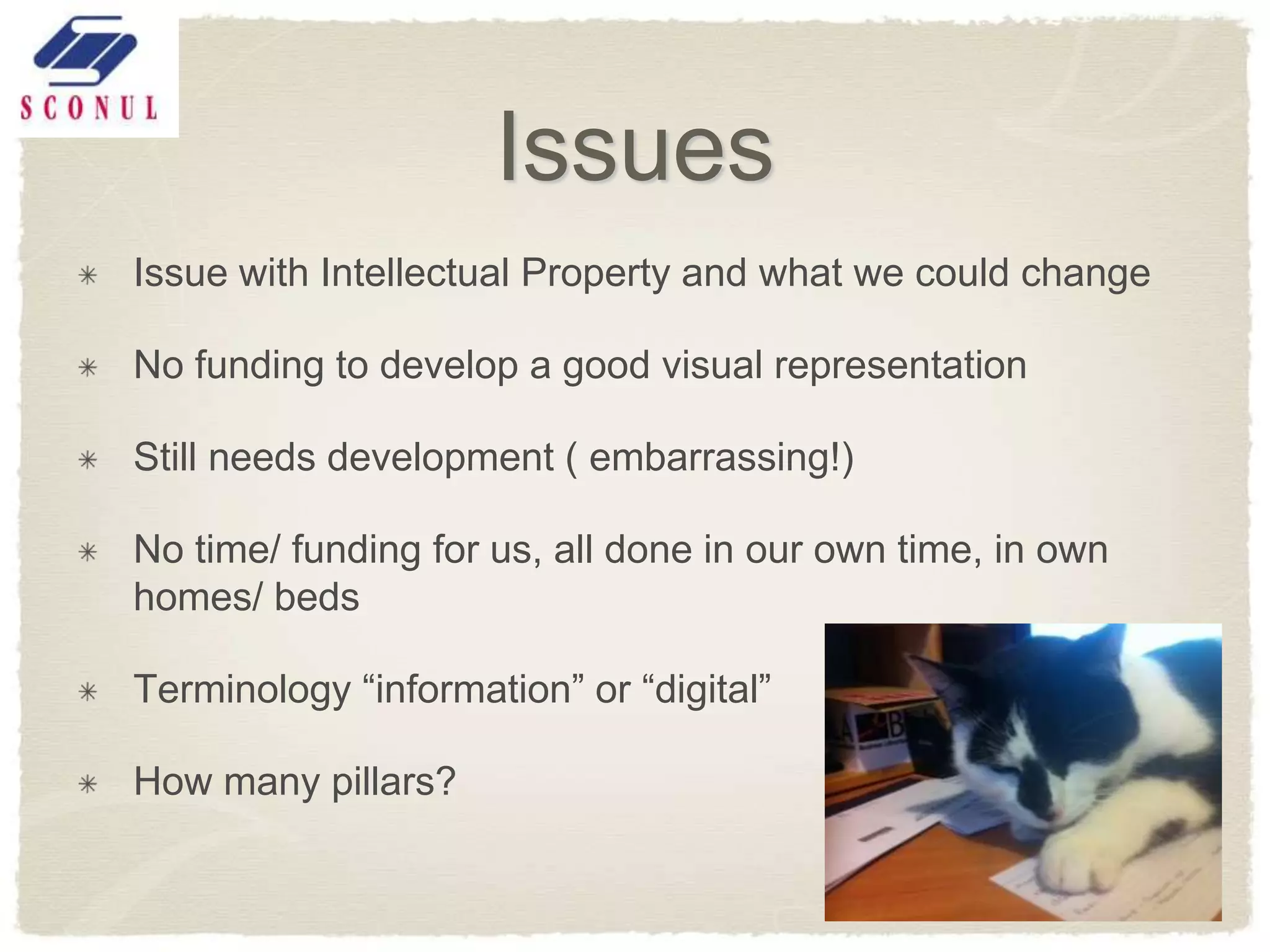 Issues
Issue with Intellectual Property and what we could change

No funding to develop a good visual representation

Still needs development ( embarrassing!)

No time/ funding for us, all done in our own time, in own
homes/ beds

Terminology ―information‖ or ―digital‖

How many pillars?
 