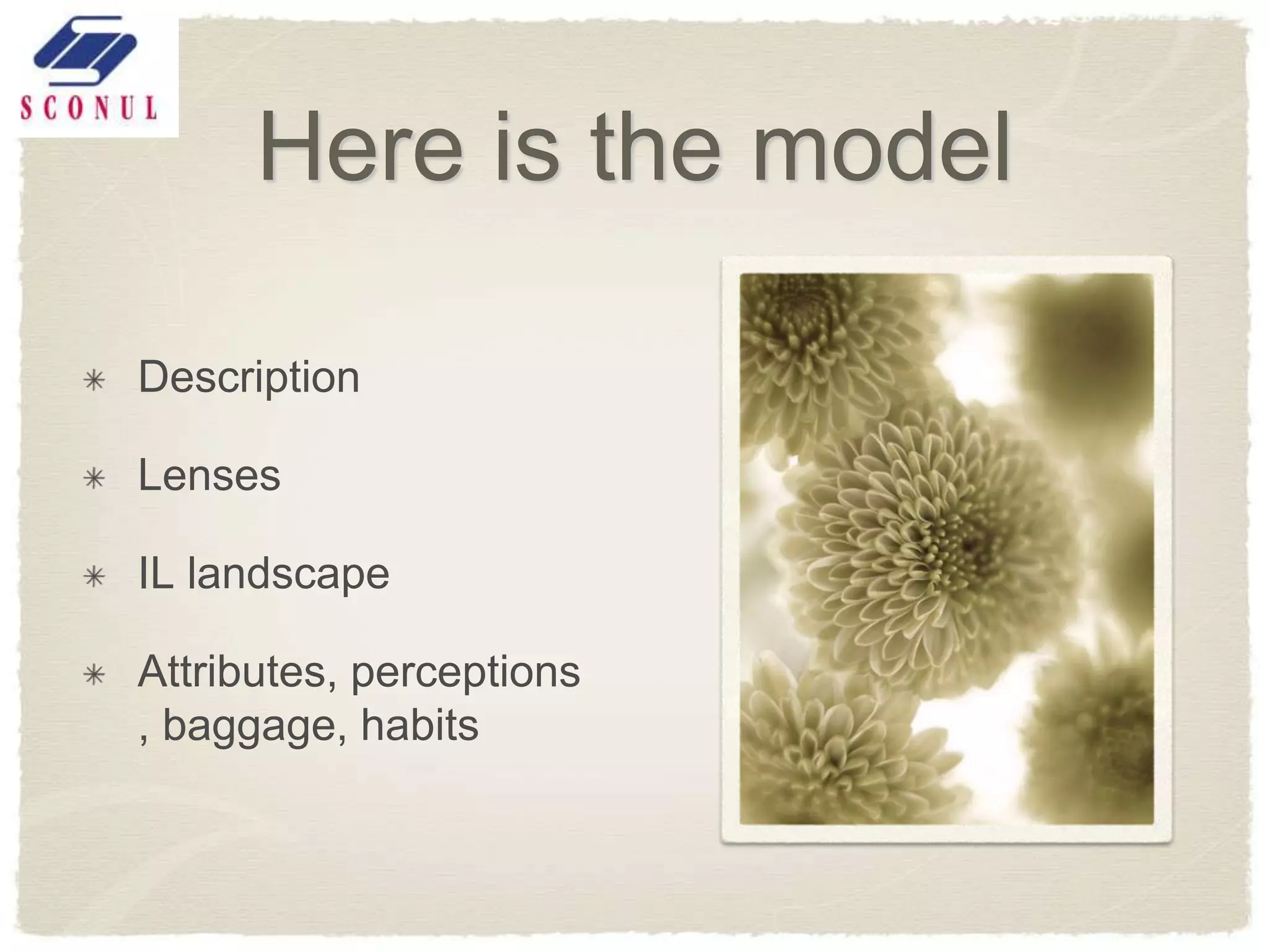 Here is the model

Description

Lenses

IL landscape

Attributes, perceptions
, baggage, habits
 