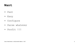 Want
• Fast
• Easy
• Configure
• Parse whatever
• Profit !!!
Jouni Miettunen at HelsinkiOS March, 2017 6
 
