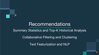 Click to edit Master text styles
Click to edit Master text styles
IBM Spark
 spark.tc
Click to edit Master text styles
Recommendations
Summary Statistics and Top-K Historical Analysis
Collaborative Filtering and Clustering
Text Featurization and NLP
120
 