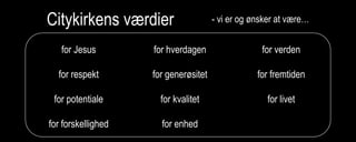 Citykirkens værdier
for Jesus
for respekt
for potentiale
for forskellighed
for hverdagen
for generøsitet
for kvalitet
for enhed
for verden
for fremtiden
for livet
for autenticitet
- vi er og ønsker at være…
 