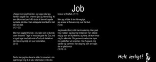 Job»Nøgen kom jeg til verden, og nøgen skal jeg
herfra!« sagde han. »Herren gav og Herren tog. Al
ære tilkommer ham!« På trods af denne tragedie
syndede Job ikke. Han anklagede ikke Gud for det,
der var sket.
(1:21-22)
Men han sagde til hende: »Du taler som en kvinde
uden forstand! Tager vi imod det gode fra Gud, må
vi også tage imod det onde.«Trods alt dette kom
der ikke et syndigt ord over Jobs læber.
(2:10)
Derfor kan jeg ikke bare tie stille, for smerten i min
sjæl tvinger mig til at tale, bitterheden i mit indre
kræver at få afløb. (7:11)
Men jeg vil tale til den Almægtige,
jeg ønsker at forsvare mig over for Gud.
(13:3)
Jeg levede i fred, indtil han knuste mig. Han greb
mig i nakken og slog mig fordærvet. Han stillede
mig op som en skydeskive, og hans pile kom imod
mig fra alle sider. De gennemborede mine nyrer,
min galde flød ud på jorden. Han huggede mig
sønder og sammen, han slog mig som en kriger,
der er gået amok.
(16:12-14)
Jeg råbte til dig om hjælp, men du svarede mig
ikke. Jeg bad til dig, men du hørte mig ikke. Du
behandlede mig grusomt, slog mig med din
vældige magt. Du slyngede mig ud i en voldsom
vind, jeg blev kastebold for stormen.
(30:20-22)
 