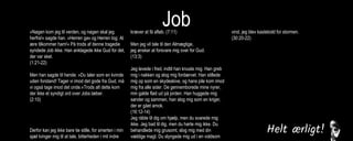 Job»Nøgen kom jeg til verden, og nøgen skal jeg
herfra!« sagde han. »Herren gav og Herren tog. Al
ære tilkommer ham!« På trods af denne tragedie
syndede Job ikke. Han anklagede ikke Gud for det,
der var sket.
(1:21-22)
Men han sagde til hende: »Du taler som en kvinde
uden forstand! Tager vi imod det gode fra Gud, må
vi også tage imod det onde.«Trods alt dette kom
der ikke et syndigt ord over Jobs læber.
(2:10)
Derfor kan jeg ikke bare tie stille, for smerten i min
sjæl tvinger mig til at tale, bitterheden i mit indre
kræver at få afløb. (7:11)
Men jeg vil tale til den Almægtige,
jeg ønsker at forsvare mig over for Gud.
(13:3)
Jeg levede i fred, indtil han knuste mig. Han greb
mig i nakken og slog mig fordærvet. Han stillede
mig op som en skydeskive, og hans pile kom imod
mig fra alle sider. De gennemborede mine nyrer,
min galde flød ud på jorden. Han huggede mig
sønder og sammen, han slog mig som en kriger,
der er gået amok.
(16:12-14)
Jeg råbte til dig om hjælp, men du svarede mig
ikke. Jeg bad til dig, men du hørte mig ikke. Du
behandlede mig grusomt, slog mig med din
vældige magt. Du slyngede mig ud i en voldsom
vind, jeg blev kastebold for stormen.
(30:20-22)
 
