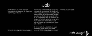 Job
Da talte Herren til Job inde fra stormvejret:
»Hvorfra kender du mine tanker, når du knap nok
ved, hvem jeg er? (38:1-2)
Da svarede Job: »Jeg ved, at du er almægtig, at
ingen har magt til at standse dig. Du spurgte mig:
‘Hvorfra kender du mine tanker, når du knap nok
ved, hvem jeg er?’ Jeg indrømmer, at jeg har udtalt
mig om ting, som går over min forstand. Du sagde
også: ‘Lad mig stille dig nogle spørgsmål, så får vi
se, om du kan svare på dem.’ Det eneste svar, jeg
kan give, er: Før havde jeg kun hørt om dig, nu har
jeg set dig med egne øjne. Hvad jeg har sagt,
tager jeg i mig igen, jeg angrer skamfuldt i støv og
aske.« (42:1-6)
Da Herren var færdig med at tale til Job, sagde
han til Elifaz: »Jeg er vred på dig og dine to
venner, for I fortalte ikke sandheden om mig, som
min tjener Job gjorde. (42:7)
 
