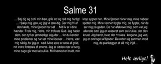 Salme 31
… Bøj dig og lyt til min bøn, grib ind og red mig hurtigt
… Hjælp mig igen, og jeg vil ære dig. Gør mig fri af
den fælde, mine fjender har sat … Mit liv er i dine
hænder. Frels mig, Herre, min trofaste Gud. Jeg hader
dem, der dyrker jammerlige afguder … for du kender
mine problemer og har set mine lidelser … Herre, vær
mig nådig, for jeg er i nød. Mine øjne er røde af gråd,
mit indre fortæres af smerte. Jeg er døden nær af sorg,
mine dage går med at sukke. Mit livsmod er brudt, min
krop sygner hen. Mine fjender håner mig, mine naboer
spotter mig. Mine venner frygter mig, de flygter, når de
ser mig på gaden. De har afskrevet mig, som var jeg
allerede død, jeg er kasseret som en krukke, der blev
knust. Jeg hører, hvad der hviskes i krogene, jeg ved,
jeg er omringet af fjender. De rotter sig sammen imod
mig, de planlægger at slå mig ihjel…
 