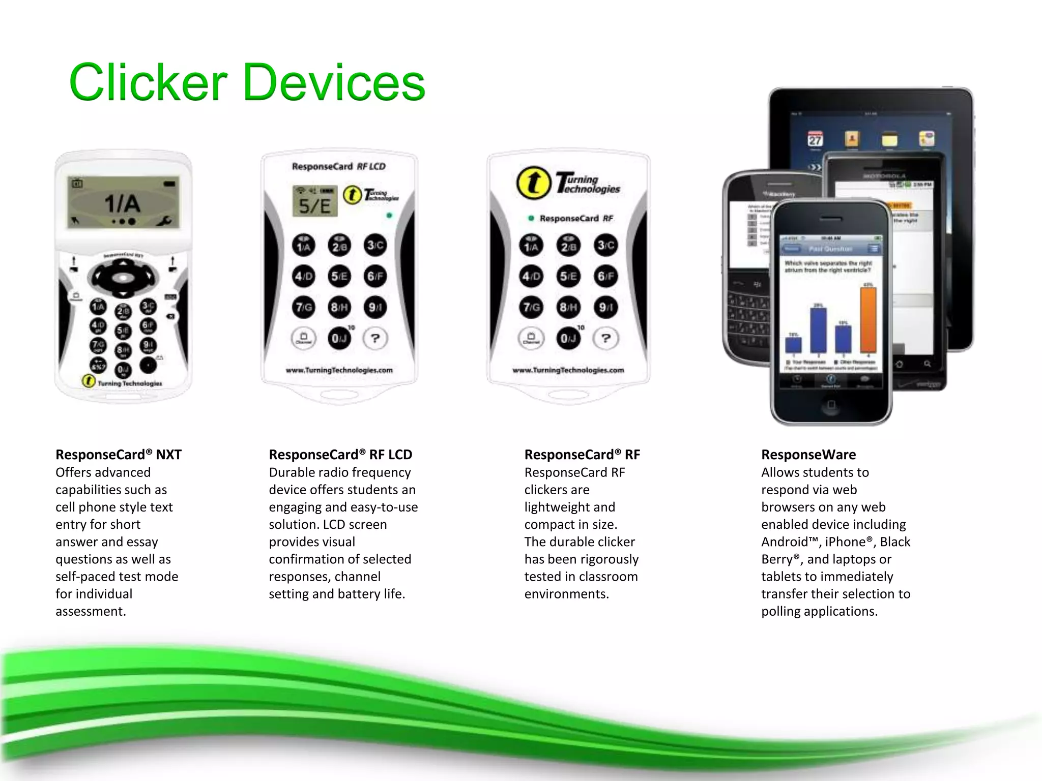 Clicker Devices




ResponseCard® NXT       ResponseCard® RF LCD        ResponseCard® RF      ResponseWare
Offers advanced         Durable radio frequency     ResponseCard RF       Allows students to
capabilities such as    device offers students an   clickers are          respond via web
cell phone style text   engaging and easy-to-use    lightweight and       browsers on any web
entry for short         solution. LCD screen        compact in size.      enabled device including
answer and essay        provides visual             The durable clicker   Android™, iPhone®, Black
questions as well as    confirmation of selected    has been rigorously   Berry®, and laptops or
self-paced test mode    responses, channel          tested in classroom   tablets to immediately
for individual          setting and battery life.   environments.         transfer their selection to
assessment.                                                               polling applications.
 