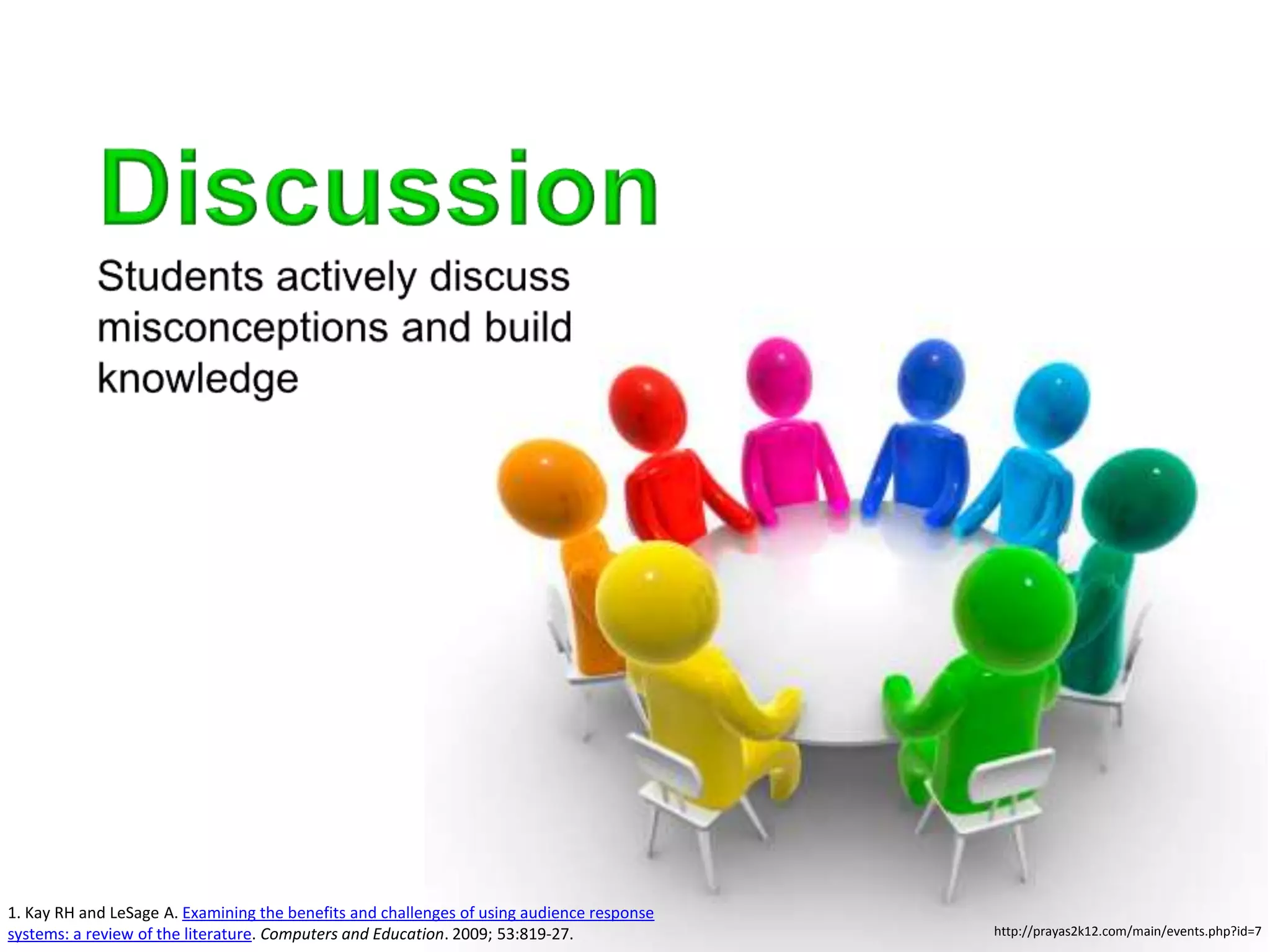 1. Kay RH and LeSage A. Examining the benefits and challenges of using audience response
systems: a review of the literature. Computers and Education. 2009; 53:819-27.             http://prayas2k12.com/main/events.php?id=7
 