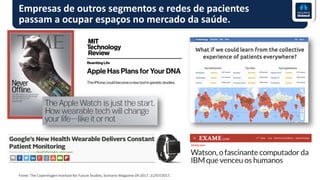 Empresas de outros segmentos e redes de pacientes
passam a ocupar espaços no mercado da saúde.
Fonte: The Copenhagen Institute for Future Studies, Scenario Magazine 04:2017, 21/07/2017.
 