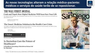 As novas tecnologias alteram a relação médico-paciente:
médicos e serviços de saúde terão de se reposicionar.
Fontes: The Wall Street Journal, 21/02/2014 e 07/07/2017, Forbes, 21/06/2017.
 