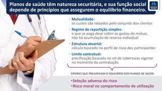 •Seleção adversa do risco
•Risco moral no comportamento de utilização
FATORES QUE PREJUDICAM O EQUILÍBRIO DOS PLANOS DE SAÚDE:
Planos de saúde têm natureza securitária, e sua função social
depende de princípios que assegurem o equilíbrio financeiro.
• Mutualidade:
os custos são rateados pelo conjunto dos clientes
• Regime de repartição simples:
o que se paga deve cobrir os gastos do mútuo;
não há acumulação de reserva individual
• Estrutura atuarial:
cálculo baseado no perfil de risco dos participantes
• Limite contratual:
precificação baseada no rol de coberturas vigente
no momento da contratação
 