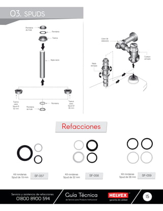garantía de calidadde Servicio para Producto Institucional
Guía Técnica 15
Servicio y asistencia de refacciones
01800 8900 594
03. SPUDS
SF-057
Kit rondanas
Spud de 19 mm
Kit rondanas
Spud de 32 mm
Kit rondanas
Spud de 38 mm
SF-058 SF-059
Refacciones
 