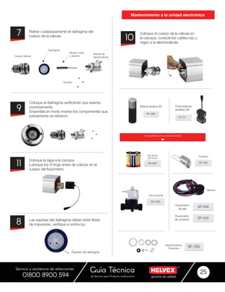 garantía de calidadde Servicio para Producto Institucional
Guía Técnica 25
Servicio y asistencia de refacciones
01800 8900 594
Coloque la tapa a la carcaza.
Lubrique los O’rings antes de colocar en el
cuerpo del fluxómetro.
Coloque el diafragma verificando que asienta
correctamente.
Ensamble en modo inverso los componentes que
previamente se retiraron.
11
9
Las espreas del diafragma deben estar libres
de impurezas, verifique a contra luz.
Retirar cuidadosamente el diafragma del
cuerpo de la válvula.
8
7
Mantenimiento a la unidad electrónica
Coloque el cuerpo de la válvula en
la carcaza, conecte los cables rojo y
negro a la electroválvula.
10
SF-760Mantenimiento
Preventivo
Compatible con la versión anterior
RV-660 SF-764
Pila de litio
CR-P2-6V
Portapilas
RV-1966
SV-731
Batería alcalina AA Porta-baterías
alcalinas AA
 