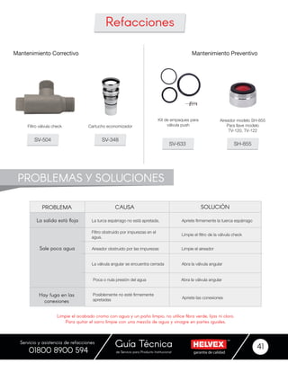 garantía de calidadde Servicio para Producto Institucional
Guía Técnica 41
Servicio y asistencia de refacciones
01800 8900 594
SV-633
Kit de empaques para
válvula push
PROBLEMAS Y SOLUCIONES
PROBLEMA
La salida está floja
Sale poca agua
Hay fuga en las
conexiones
La turca espárrago no está apretada.
Filtro obstruído por impurezas en el
agua.
Aireador obstruido por las impurezas
La válvula angular se encuentra cerrada
Apriete firmemente la tuerca espárrago
Limpie el filtro de la válvula check
Limpie el aireador
Abra la válvula angular
SOLUCIÓNCAUSA
Abra la válvula angular
Apriete las conexiones
Poca o nula presión del agua
Posiblemente no esté firmemente
apretadas
Limpie el acabado cromo con agua y un paño limpio, no utilice fibra verde, lijas ni cloro.
Para quitar el sarro limpie con una mezcla de agua y vinagre en partes iguales.
SV-504 SV-348
SH-855
Filtro válvula check Cartucho economizador
Aireador modelo SH-855
Para llave modelo
TV-120, TV-122
Refacciones
Mantenimiento PreventivoMantenimiento Correctivo
 