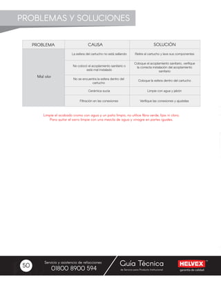 garantía de calidad
Servicio y asistencia de refacciones
de Servicio para Producto Institucional01800 8900 594
Guía Técnica50
PROBLEMAS Y SOLUCIONES
PROBLEMA
Mal olor
SOLUCIÓNCAUSA
Limpie el acabado cromo con agua y un paño limpio, no utilice fibra verde, lijas ni cloro.
Para quitar el sarro limpie con una mezcla de agua y vinagre en partes iguales.
La esfera del cartucho no está sellando
No colocó el acoplamiento sanitario o
está mal instalado
No se encuentra la esfera dentro del
cartucho
Cerámica sucia
Filtración en las conexiones
Retire el cartucho y lave sus componentes
Coloque el acoplamiento sanitario, verifique
la correcta instalación del acoplamiento
sanitario
Coloque la esfera dentro del cartucho
Limpie con agua y jabón
Verifique las conexiones y ajustelas
 