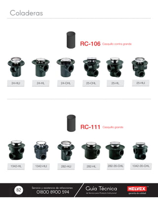 garantía de calidad
Servicio y asistencia de refacciones
de Servicio para Producto Institucional01800 8900 594
Guía Técnica82
Casquillo contra grandeRC-106
24-HLI 24-HL 24-CHL 25-CHL 25-HL 25-HLI
Coladeras
Casquillo grandeRC-111
1342-HL 1342-HLI 282-HLI 282-HL 282-35-CHL 1342-35-CHL
 