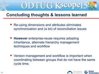  Re-using dimensions and attributes eliminates
synchronization and (a lot) of reconciliation issues
 However enterprise-reuse requires adopting
inheritance, alternate hierarchy management
techniques and workflow
 Version management and workflow is important when
coordinating between groups that do not have the same
cycle time.
Concluding thoughts & lessons learned
25
 
