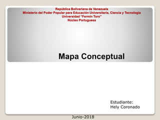 República Bolivariana de Venezuela
Ministerio del Poder Popular para Educación Universitaria, Ciencia y Tecnología
Universidad “Fermín Toro”
Núcleo Portuguesa
Mapa Conceptual
Estudiante:
Hely Coronado
Junio-2018
 