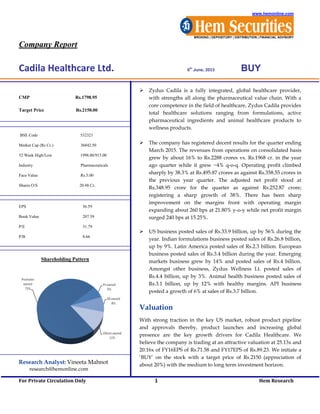 www.hemonline.com
BROKING | DEPOSITORY | DISTRIBUTION | FINANCIAL ADVISORY
Company Report
Cadila Healthcare Ltd. 6th
June, 2015 BUY
For Private Circulation Only 1 Hem Research
CMP Rs.1798.95
Target Price Rs.2150.00
BSE Code 532321
Market Cap (Rs Cr.) 36842.50
52 Week High/Low 1998.00/915.00
Industry Pharmaceuticals
Face Value Rs.5.00
Shares O/S 20.48 Cr.
EPS 56.59
Book Value 207.59
P/E 31.79
P/B 8.66
Shareholding Pattern
Research Analyst: Vineeta Mahnot
research@hemonline.com
 Zydus Cadila is a fully integrated, global healthcare provider,
with strengths all along the pharmaceutical value chain. With a
core competence in the field of healthcare, Zydus Cadila provides
total healthcare solutions ranging from formulations, active
pharmaceutical ingredients and animal healthcare products to
wellness products.
 The company has registered decent results for the quarter ending
March 2015. The revenues from operations on consolidated basis
grew by about 16% to Rs.2288 crores vs. Rs.1968 cr. in the year
ago quarter while it grew ~4% q-o-q. Operating profit climbed
sharply by 38.3% at Rs.495.87 crores as against Rs.358.55 crores in
the previous year quarter. The adjusted net profit stood at
Rs.348.95 crore for the quarter as against Rs.252.87 crore;
registering a sharp growth of 38%. There has been sharp
improvement on the margins front with operating margin
expanding about 260 bps at 21.80% y-o-y while net profit margin
surged 240 bps at 15.25%.
 US business posted sales of Rs.33.9 billion, up by 56% during the
year. Indian formulations business posted sales of Rs.26.8 billion,
up by 9%. Latin America posted sales of Rs.2.3 billion. European
business posted sales of Rs.3.4 billion during the year. Emerging
markets business grew by 14% and posted sales of Rs.4 billion.
Amongst other business, Zydus Wellness Lt. posted sales of
Rs.4.4 billion, up by 3%. Animal health business posted sales of
Rs.3.1 billion, up by 12% with healthy margins. API business
posted a growth of 6% at sales of Rs.3.7 billion.
Valuation
With strong traction in the key US market, robust product pipeline
and approvals thereby, product launches and increasing global
presence are the key growth drivers for Cadila Healthcare. We
believe the company is trading at an attractive valuation at 25.13x and
20.16x of FY16EPS of Rs.71.58 and FY17EPS of Rs.89.23. We initiate a
‘BUY’ on the stock with a target price of Rs.2150 (appreciation of
about 20%) with the medium to long term investment horizon.
 