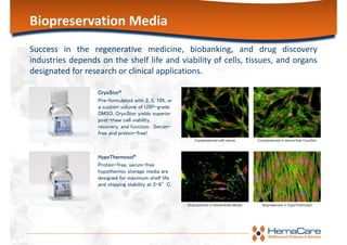 Biopreservation Media
Success in the regenerative medicine, biobanking, and drug discovery
industries depends on the shelf life and viability of cells, tissues, and organs
designated for research or clinical applications.
CryoStor®
Pre-formulated with 2, 5, 10%, or
a custom volume of USP-grade
DMSO, CryoStor yields superior
post-thaw cell viability,
recovery, and function. Serum-
free and protein-free!
HypoThermosol®
Protein-free, serum-free
hypothermic storage media are
designed for maximum shelf life
and shipping stability at 2-8°C.
 