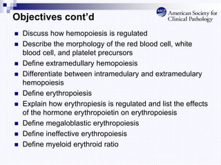 Objectives cont’d
 Discuss how hemopoiesis is regulated
 Describe the morphology of the red blood cell, white
blood cell, and platelet precursors
 Define extramedullary hemopoiesis
 Differentiate between intramedulary and extramedulary
hemopoiesis
 Define erythropoiesis
 Explain how erythropiesis is regulated and list the effects
of the hormone erythropoietin on erythropoiesis
 Define megaloblastic erythropoiesis
 Define ineffective erythropoiesis
 Define myeloid erythroid ratio
 