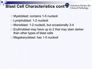 Blast Cell Characteristics cont’d
 Myeloblast: contains 1-5 nucleoli
 Lymphoblast: 1-2 nucleoli
 Monoblast: 1-2 nucleoli, but occasionally 3-4
 Erythroblast may have up to 2 that may stain darker
than other types of blast cells
 Megakaryoblast: has 1-5 nucleoli
 