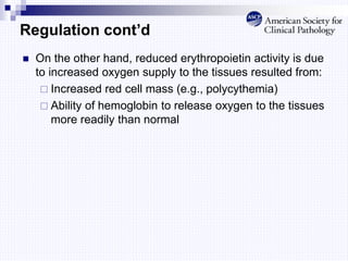 Regulation cont’d
 On the other hand, reduced erythropoietin activity is due
to increased oxygen supply to the tissues resulted from:
 Increased red cell mass (e.g., polycythemia)
 Ability of hemoglobin to release oxygen to the tissues
more readily than normal
 