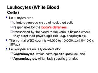 Leukocytes (White Blood
Cells)
 Leukocytes are :
 a heterogeneous group of nucleated cells
 responsible for the body’s defenses
 transported by the blood to the various tissues where
they exert their physiologic role, e.g. phagocytosis.
 The normal WBC count is ~4,000 to 10,000/L (4.0–10.0 x
103
/L)
 Leukocytes are usually divided into:
 Granulocytes, which have specific granules, and
 Agranulocytes, which lack specific granules
 