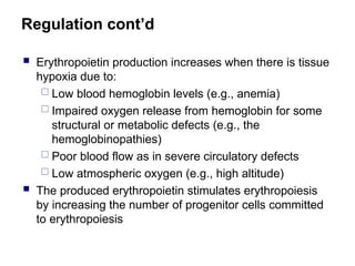 Regulation cont’d
 Erythropoietin production increases when there is tissue
hypoxia due to:
 Low blood hemoglobin levels (e.g., anemia)
 Impaired oxygen release from hemoglobin for some
structural or metabolic defects (e.g., the
hemoglobinopathies)
 Poor blood flow as in severe circulatory defects
 Low atmospheric oxygen (e.g., high altitude)
 The produced erythropoietin stimulates erythropoiesis
by increasing the number of progenitor cells committed
to erythropoiesis
 
