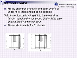 Method cont’d
11. Fill the chamber smoothly and don't overfill or
under fill it; there should be no bubbles
N.B. if overflow cells will spill into the moat, thus
falsely reducing the cell count. Under filling also
gives a falsely lower cell count
12. Allow cells to settle for 3 minutes
A
 