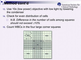 Method cont’d
13. Use 10x (low power) objective with low light by lowering
the condenser
14. Check for even distribution of cells
 N.B. Difference in the number of cells among squares
should not exceed 10%
15. Count WBCs in the four large corner squares
 