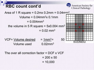 RBC count cont’d
Area of 1 R square = 0.2mx 0.2mm = 0.04mm2
Volume = 0.04mm2x 0.1mm
= 0.004mm3
the volume in 5 R square = 5x0.004 mm3
= 0.02 mm3
VCF= Volume desired = 1mm3= 50
Volume used 0.02mm3
The over all correction factor = DCF x VCF
= 200 x 50
= 10,000
R
R R
R
R
 