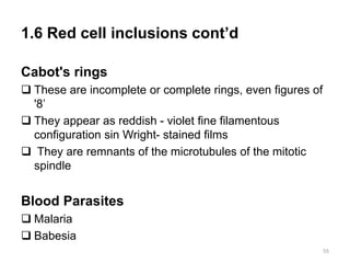 1.6 Red cell inclusions cont’d
Cabot's rings
 These are incomplete or complete rings, even figures of
'8’
 They appear as reddish - violet fine filamentous
configuration sin Wright- stained films
 They are remnants of the microtubules of the mitotic
spindle
Blood Parasites
 Malaria
 Babesia
55
 
