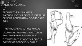 RULES OF MOTION…..
BECAUSE THEIR IS ALWAYS
INCONGRUENT SURFACES, THERE MUST
BE SOME COMBINATION OF GLIDE AND
ROLL
• ARTHROKINEMATIC ROLL ALWAYS
OCCURS IN THE SAME DIRECTION AS
BONY MOVEMENT REGARDLESS
OF WHETHER THE JOINT SURFACE IS
CONVEX OR CONCAVE IN SHAPE.
 
