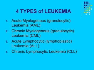 4 TYPES of LEUKEMIA
1.   Acute Myelogenous (granulocytic)
     Leukemia (AML)
2.   Chronic Myelogenous (granulocytic)
     Leukemia (CML)
3.   Acute Lymphocytic (lymphoblastic)
     Leukemia (ALL)
4.   Chronic Lymphocytic Leukemia (CLL)
 