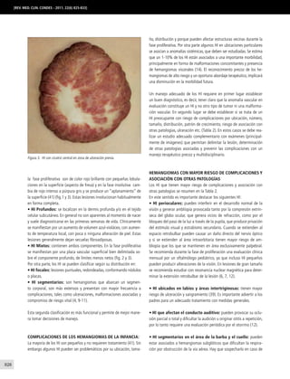 828
la fase proliferativa son de color rojo brillante con pequeñas lobula-
ciones en la superficie (aspecto de fresa) y en la fase involutiva cam-
bia de rojo intenso a púrpura gris y se produce un “aplanamiento” de
la superficie (41) (fig.1 y 3). Estas lesiones involucionan habitualmente
en forma completa.
• HI Profundos: se localizan en la dermis profunda y/o en el tejido
celular subcutáneo. En general no son aparentes al momento de nacer
y suele diagnosticarse en las primeras semanas de vida. Clínicamente
se manifiestan por un aumento de volumen azul-violáceo, con aumen-
to de temperatura local, con poca o ninguna alteración de piel. Estas
lesiones generalmente dejan secuelas fibroadiposas.
• HI Mixtos: contienen ambos componentes. En la fase proliferativa
se manifiestan por una placa vascular superficial bien delimitada so-
bre el componente profundo, de límites menos netos (fig. 2 y 3).
Por otra parte, los HI se pueden clasificar según su distribución en:
• HI focales: lesiones puntuales, redondeadas, conformando nódulos
o placas.
• HI segmentarios: son hemangiomas que abarcan un segmen-
to corporal, son más extensos y presentan con mayor frecuencia a
complicaciones, tales como ulceraciones, malformaciones asociadas y
compromiso de riesgo vital (4, 9-11).
Esta segunda clasificación es más funcional y permite de mejor mane-
ra tomar decisiones de manejo.
Complicaciones de los Hemangiomas de la Infancia:
La mayoría de los HI son pequeños y no requieren tratamiento (41). Sin
embargo algunos HI pueden ser problemáticos por su ubicación, tama-
ño, distribución y porque pueden afectar estructuras vecinas durante la
fase proliferativa. Por otra parte algunos HI en ubicaciones particulares
se asocian a anomalías sistémicas, que deben ser estudiadas. Se estima
que un 1-10% de los HI están asociados a una importante morbilidad,
principalmente en forma de malformaciones concomitantes y presencia
de hemangiomas viscerales (14). El reconocimiento precoz de los he-
mangiomas de alto riesgo y un oportuno abordaje terapéutico, implicará
una disminución en la morbilidad futura.
Un manejo adecuado de los HI requiere en primer lugar establecer
un buen diagnóstico, es decir, tener claro que la anomalía vascular en
evaluación constituye un HI y no otro tipo de tumor ni una malforma-
ción vascular. En segundo lugar se debe establecer si se trata de un
HI preocupante con riesgo de complicaciones por ubicación, número,
tamaño, distribución, patrón de crecimiento, riesgo de asociación con
otras patologías, ulceración etc. (Tabla 2). En estos casos se debe rea-
lizar un estudio adecuado complementario con exámenes (principal-
mente de imágenes) que permitan delimitar la lesión, determinación
de otras patologías asociadas y prevenir las complicaciones con un
manejo terapéutico precoz y multidisciplinario.
Hemangiomas con mayor riesgo de complicaciones y
asociación con otras patologías
Los HI que tienen mayor riesgo de complicaciones y asociación con
otras patologías se resumen en la Tabla 2.
En este sentido es importante destacar los siguientes HI:
• HI perioculares: pueden interferir en el desarrollo normal de la
visión y generar ambliopía provocada tanto por la compresión extrín-
seca del globo ocular, que genera vicios de refracción, como por el
bloqueo del paso de la luz a través de la pupila, que produce privación
del estímulo visual y estrabismo secundario. Cuando se extienden al
espacio retrobulbar pueden causar un daño directo del nervio óptico
y si se extienden al área intraorbitaria tienen mayor riesgo de am-
bliopía que los que se mantienen en área exclusivamente palpebral.
Se recomienda durante la fase de proliferación una evaluación clínica
mensual por un oftalmólogo pediátrico, ya que incluso HI pequeños
pueden producir alteraciones de la visión. En lesiones de gran tamaño
se recomienda estudiar con resonancia nuclear magnética para deter-
minar la extensión retrobulbar de la lesión (6, 7, 12).
• HI ubicados en labios y áreas intertriginosas: tienen mayor
riesgo de ulceración y sangramiento (39). Es importante advertir a los
padres para un adecuado tratamiento con medidas generales.
• HI que afectan el conducto auditivo: pueden provocar su oclu-
sión parcial o total y dificultar la audición u originar otitis a repetición,
por lo tanto requiere una evaluación periódica por el otorrino (12).
• HI segmentarios en el área de la barba y el cuello: pueden
estar asociados a hemangiomas subglóticos que dificultan la respira-
ción por obstrucción de la vía aérea. Hay que sospecharlo en caso de
Figura 3. HI con cicatriz central en zona de ulceración previa.
[REV. MED. CLIN. CONDES - 2011; 22(6) 825-833]
 