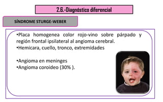 2.6.-Diagnóstico diferencial
•Placa homogenea color rojo-vino sobre párpado y
región frontal ipsilateral al angioma cerebr...
