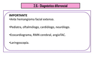 2.6.- Diagnóstico diferencial
IMPORTANTE
•Ante hemangioma facial extenso.
•Pediatra, oftalmólogo, cardiólogo, neurólogo.
•...