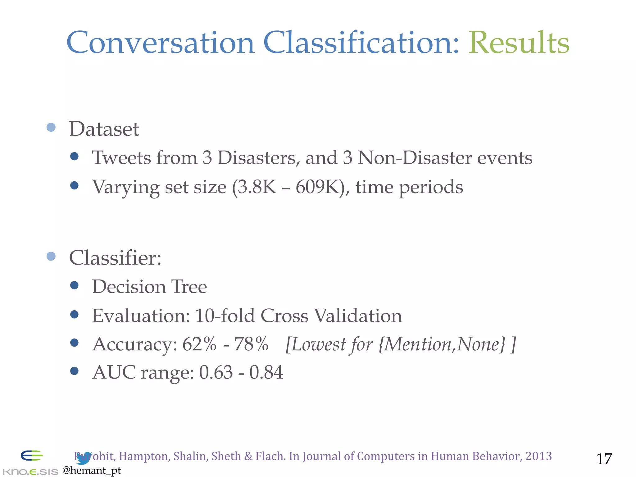 @hemant_pt
Conversation Classification: Results
—  Dataset
—  Tweets from 3 Disasters, and 3 Non-Disaster events
—  Varying set size (3.8K – 609K), time periods
—  Classifier:
—  Decision Tree
—  Evaluation: 10-fold Cross Validation
—  Accuracy: 62% - 78% [Lowest for {Mention,None} ]
—  AUC range: 0.63 - 0.84
17	
  Purohit,	
  Hampton,	
  Shalin,	
  Sheth	
  &	
  Flach.	
  In	
  Journal	
  of	
  Computers	
  in	
  Human	
  Behavior,	
  2013
 
