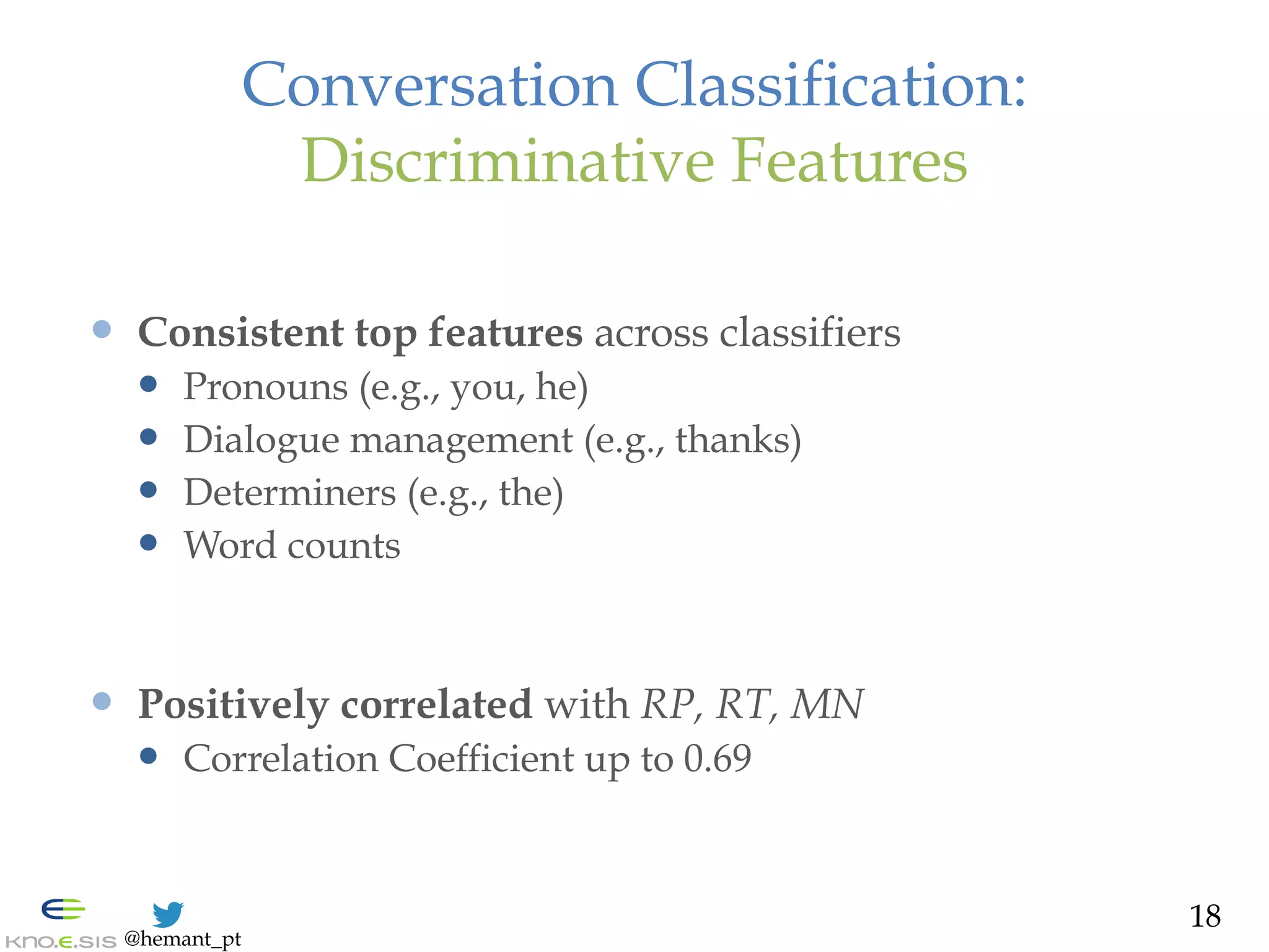 @hemant_pt
Conversation Classification:
Discriminative Features
—  Consistent top features across classifiers
—  Pronouns (e.g., you, he)
—  Dialogue management (e.g., thanks)
—  Determiners (e.g., the)
—  Word counts
—  Positively correlated with RP, RT, MN
—  Correlation Coefficient up to 0.69
18
 