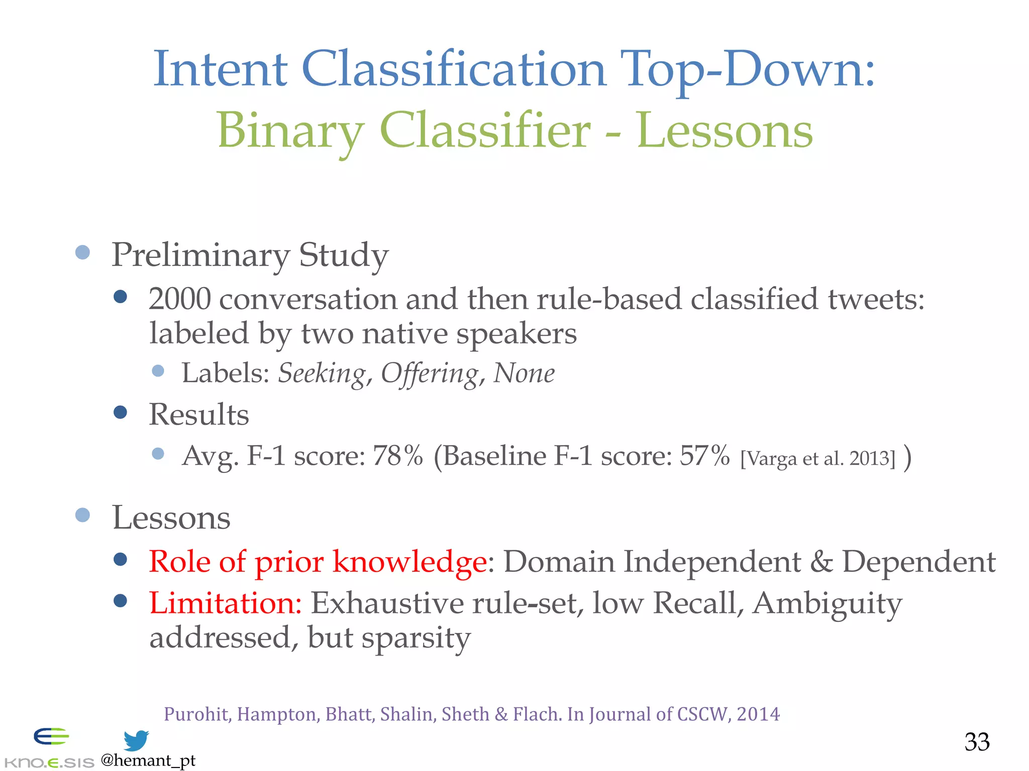 @hemant_pt
Intent Classification Top-Down:
Binary Classifier - Lessons
—  Preliminary Study
—  2000 conversation and then rule-based classified tweets:
labeled by two native speakers
—  Labels: Seeking, Offering, None
—  Results
—  Avg. F-1 score: 78% (Baseline F-1 score: 57% [Varga et al. 2013] )
—  Lessons
—  Role of prior knowledge: Domain Independent & Dependent
—  Limitation: Exhaustive rule-set, low Recall, Ambiguity
addressed, but sparsity
	
  	
  	
  	
  	
  	
  	
  	
  Purohit,	
  Hampton,	
  Bhatt,	
  Shalin,	
  Sheth	
  &	
  Flach.	
  In	
  Journal	
  of	
  CSCW,	
  2014	
  
33
 