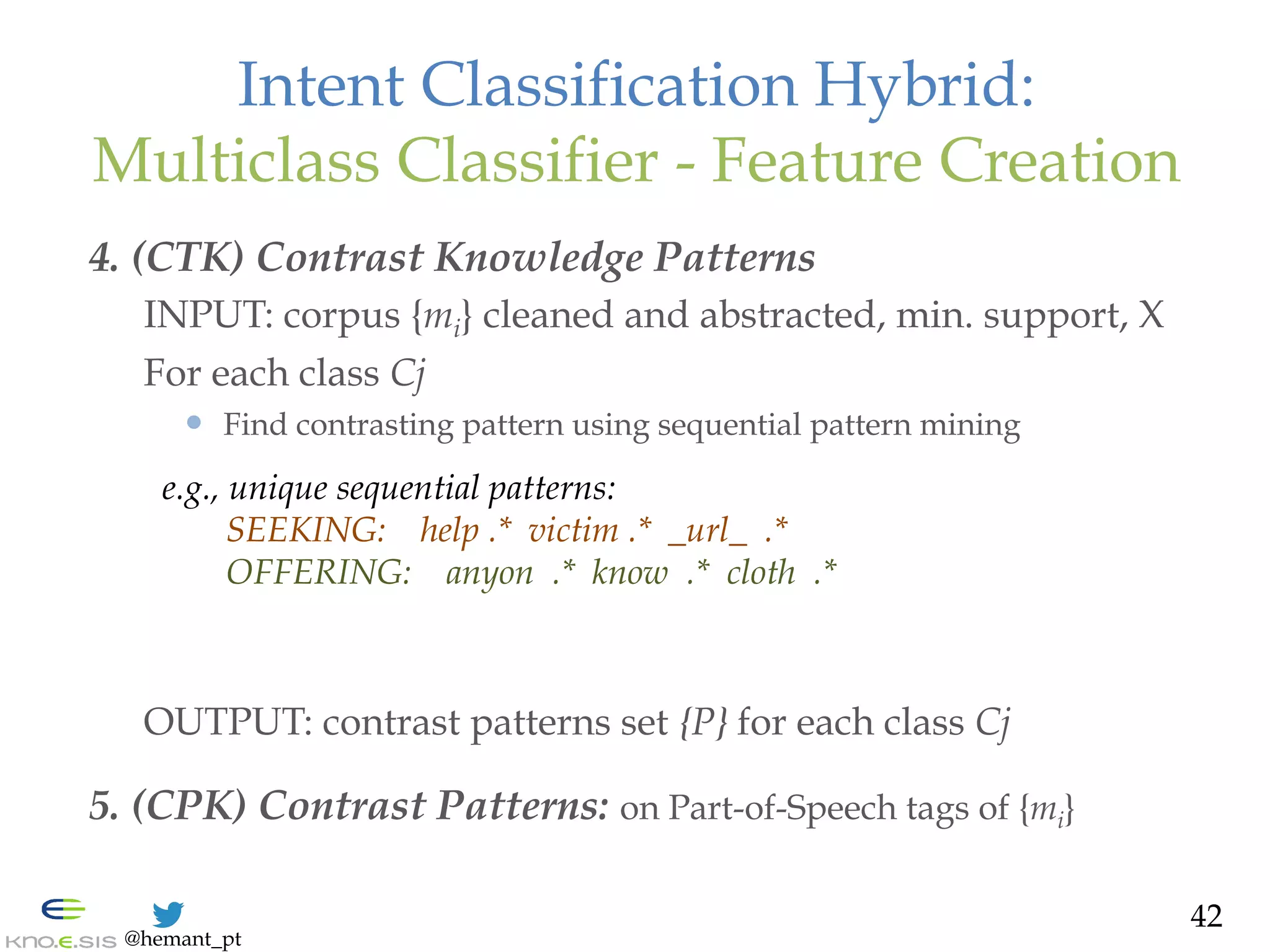 @hemant_pt
Intent Classification Hybrid:
Multiclass Classifier - Feature Creation
4. (CTK) Contrast Knowledge Patterns
INPUT: corpus {mi} cleaned and abstracted, min. support, X
For each class Cj
—  Find contrasting pattern using sequential pattern mining
OUTPUT: contrast patterns set {P} for each class Cj
5. (CPK) Contrast Patterns: on Part-of-Speech tags of {mi}
42
e.g., unique sequential patterns:
SEEKING: help .* victim .* _url_ .*
OFFERING: anyon .* know .* cloth .*
 
