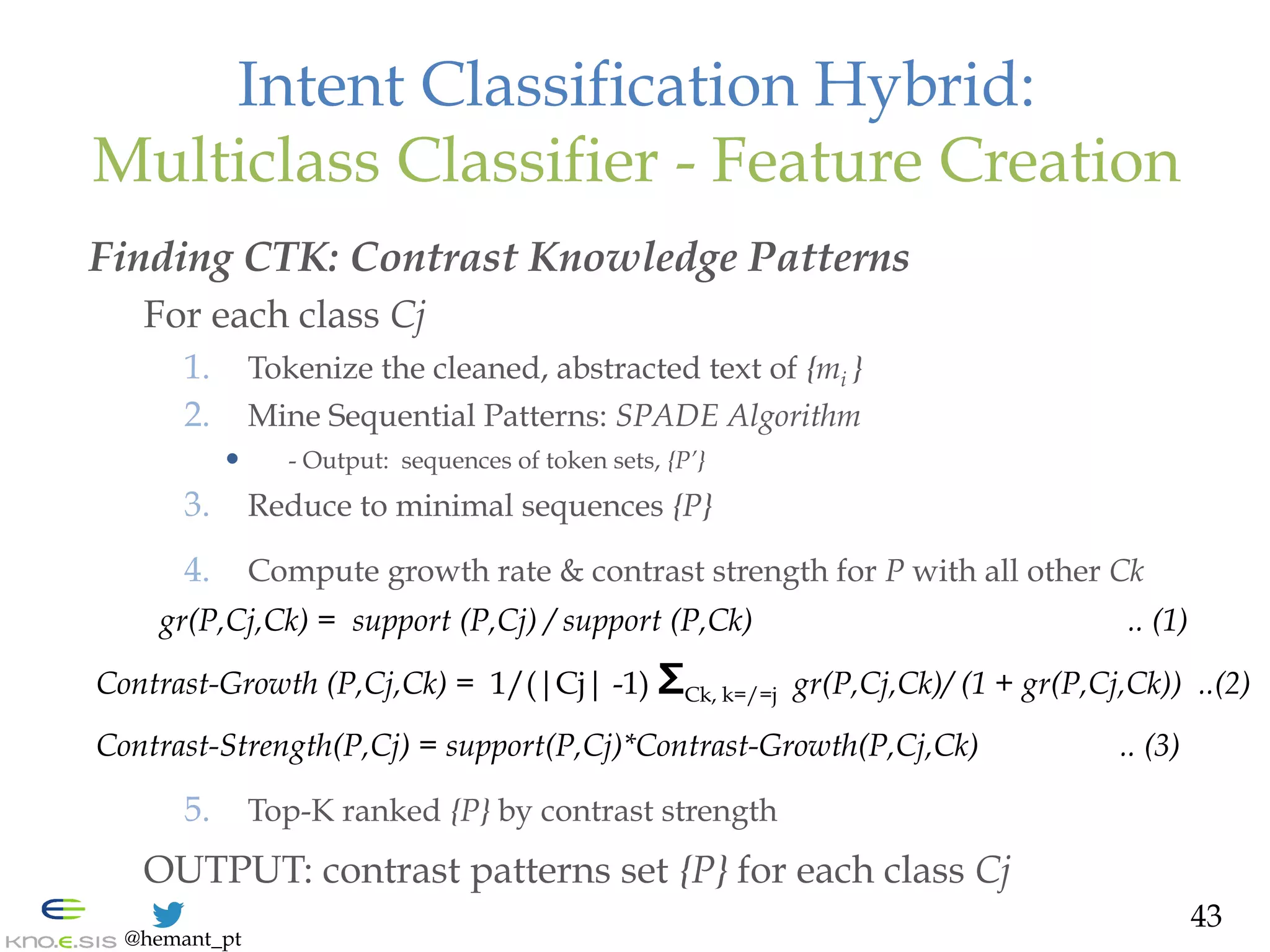 @hemant_pt
Intent Classification Hybrid:
Multiclass Classifier - Feature Creation
Finding CTK: Contrast Knowledge Patterns
For each class Cj
1.  Tokenize the cleaned, abstracted text of {mi }
2.  Mine Sequential Patterns: SPADE Algorithm
—  - Output: sequences of token sets, {P’}
3.  Reduce to minimal sequences {P}
4.  Compute growth rate & contrast strength for P with all other Ck
5.  Top-K ranked {P} by contrast strength
OUTPUT: contrast patterns set {P} for each class Cj
43
gr(P,Cj,Ck) = support (P,Cj) / support (P,Ck) .. (1)
Contrast-Growth (P,Cj,Ck) = 1/(|Cj| -1) ΣCk, k=/=j gr(P,Cj,Ck)/ (1 + gr(P,Cj,Ck)) ..(2)
Contrast-Strength(P,Cj) = support(P,Cj)*Contrast-Growth(P,Cj,Ck) .. (3)
 