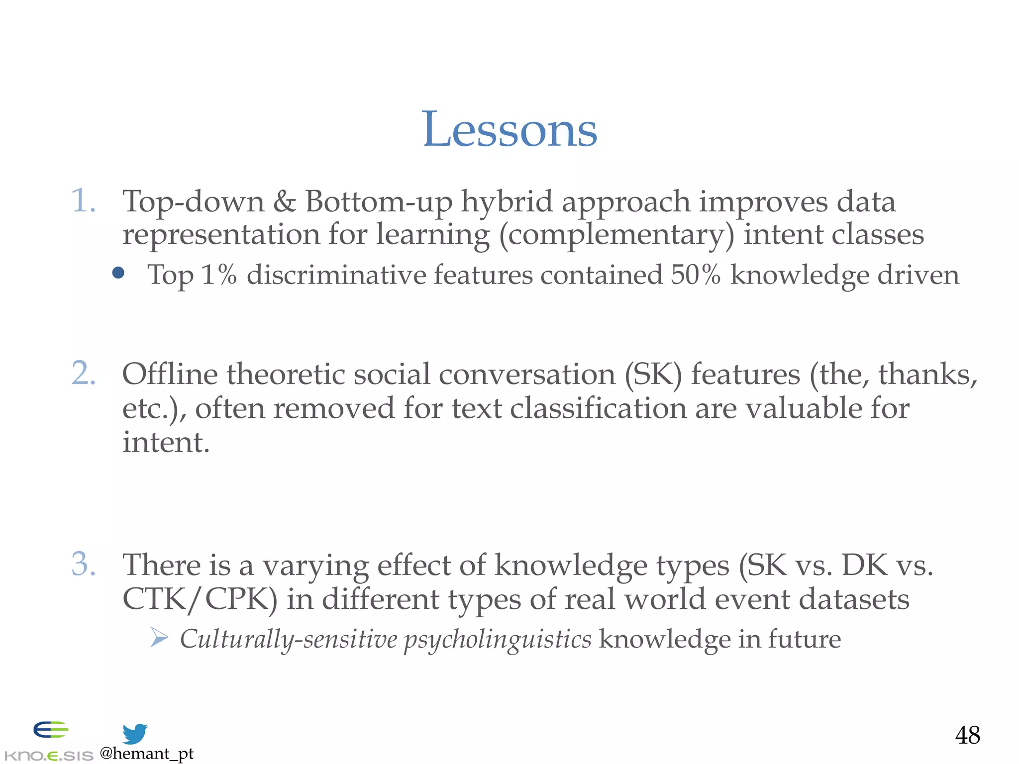 @hemant_pt
Lessons
1.  Top-down & Bottom-up hybrid approach improves data
representation for learning (complementary) intent classes
—  Top 1% discriminative features contained 50% knowledge driven
2.  Offline theoretic social conversation (SK) features (the, thanks,
etc.), often removed for text classification are valuable for
intent.
3.  There is a varying effect of knowledge types (SK vs. DK vs.
CTK/CPK) in different types of real world event datasets
Ø Culturally-sensitive psycholinguistics knowledge in future
48
 