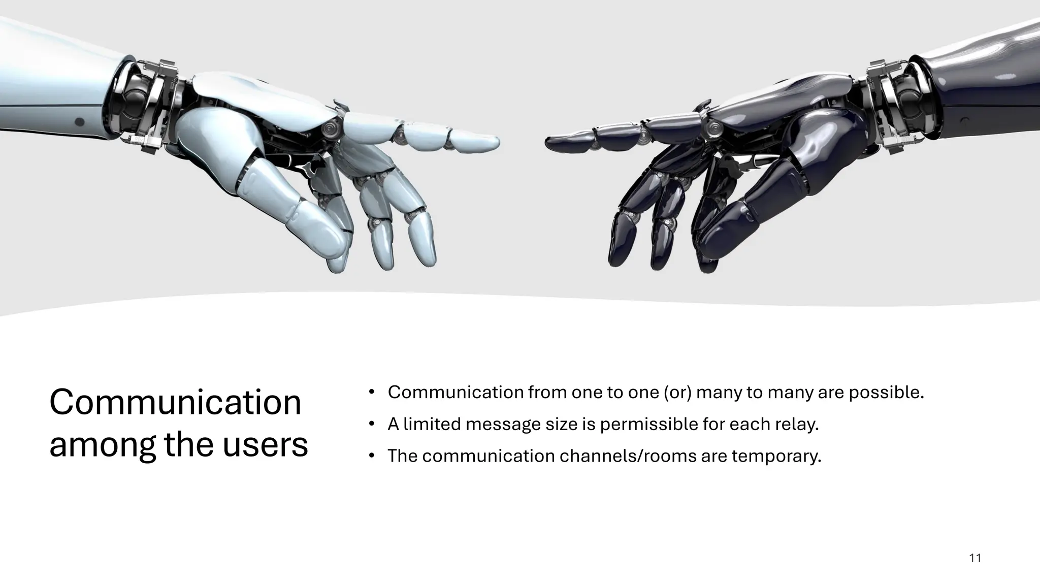 Communication
among the users
• Communication from one to one (or) many to many are possible.
• A limited message size is permissible for each relay.
• The communication channels/rooms are temporary.
11
 