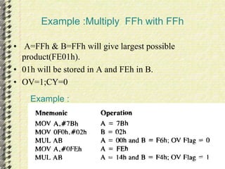 Example :Multiply FFh with FFh 
• A=FFh & B=FFh will give largest possible 
product(FE01h). 
• 01h will be stored in A and FEh in B. 
• OV=1;CY=0 
Example : 
 
