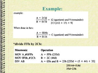 Example: 
*divide FFh by 2Ch: 
255/44=5.8d 
35d=23h 
 